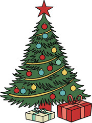 Artistic watercolor holiday tree featuring colorful ornaments, confetti, and star, no background, clean festive winter artwork, Christmas greeting card vector.