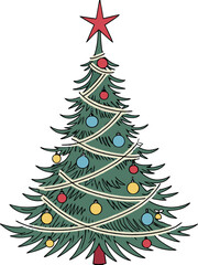 Vibrant watercolor Christmas tree with ornaments, confetti, and shining star, no background, festive winter artwork, New Year holiday vector design.