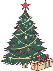 Watercolor festive tree with colorful decorations, confetti, and star topper, no background, high-quality winter holiday illustration, greeting card vector.