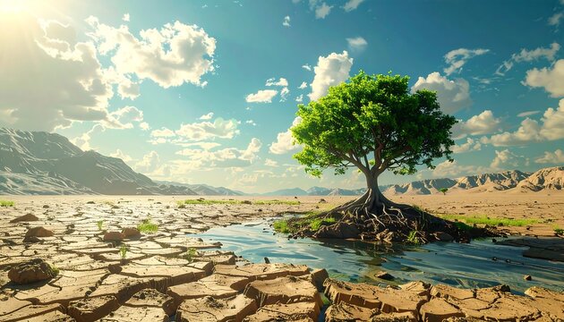 Desert scene w/ cracked earth, small stream, lush tree, distant mountains & bright, partly cloudy sky