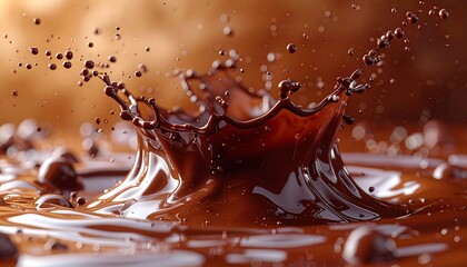 Dark chocolate splash forms a crown-like shape, with droplets suspended in the air against a blurred background