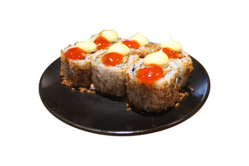 Crispy Japanese Sushi Rolls Topped with Spicy and Creamy Sauces