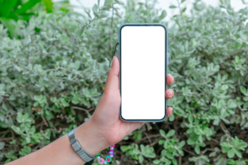 Woman or girl holding phone blank outdoor on a white wall. Phone mockup