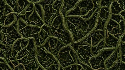 A dense network of intertwined roots creates a complex organic pattern.
