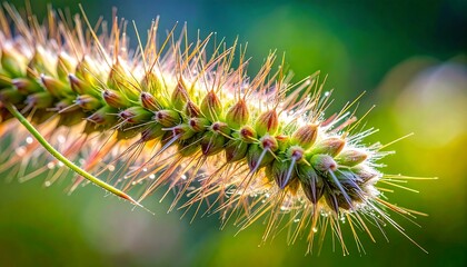Fototapeta premium Detailed closeup of a seed head glows with morning dew against a bokeh green and yellow background