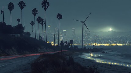 Night view of a coastal city skyline with silhouetted palm trees, a wind turbine, vehicle light trails, and a full moon over mountains.