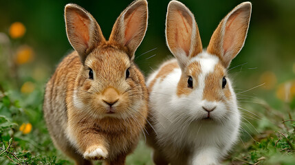 Fototapeta premium cute rabbits. Adorable fluffy bunnies hopping playfully in a green meadow enjoying a sunny day exhibiting endearing charm and gentle nature.