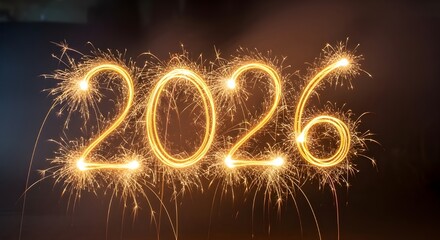 "2026" is formed in the air by firecracker sparks with long-exposure light trails.