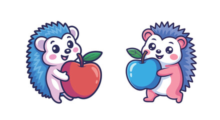 Cartoon hedgehogs with apples create a whimsical design element for joyful children's themes, educational resources, and playful character designs, radiating happiness