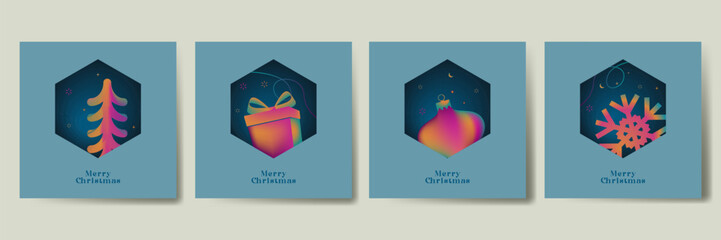 Merry Christmas greeting card square design set, Xmas holiday design, Christmas festive design for social media post, winter holidays square template set vector illustration for social media post