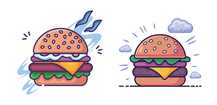 Delicious burgers tantalize with cartoon charm, perfect for food blogs, restaurant menus, or fast food advertisements, bringing a fun, playful vibe to your brand