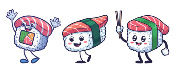Delightful sushi characters smiling and waving, perfect for restaurant promotions or playful food illustrations, kawaii style appeals to kids and adults alike
