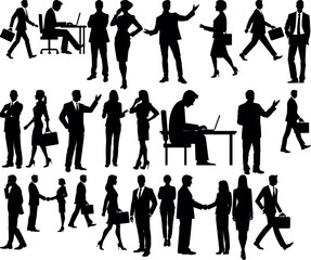 Business People Silhouette Bundle, Office Team Characters, Corporate Meeting, Walking and Working Poses