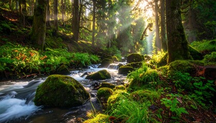 Obraz premium Forest stream glistens with sunlight streaming through trees, mossy rocks, and greenery on ground cover