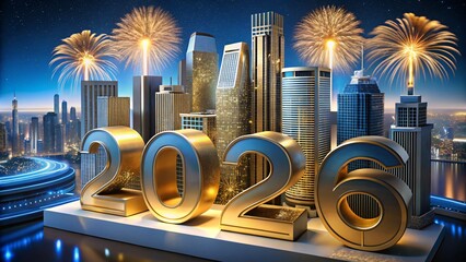Massive Golden 2026 Numbers on Platform Overlooking Modern City Night Skyline with Fireworks