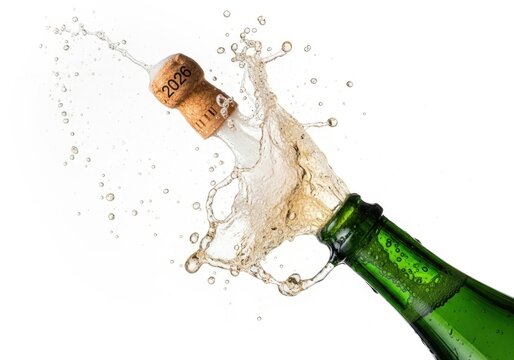 Champagne bottle cork popping with a splash of bubbly liquid isolated on white background