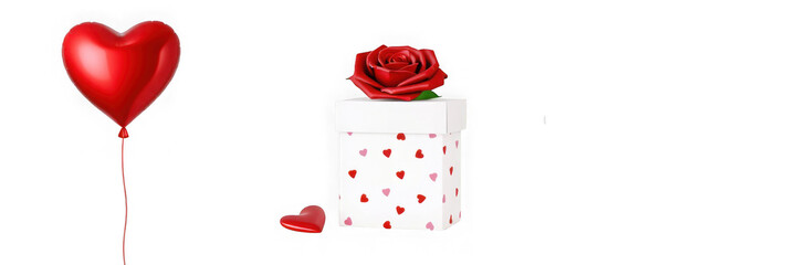 Fototapeta premium Romantic Valentines Day Gift: Heart Balloon and Rose-Topped Present.