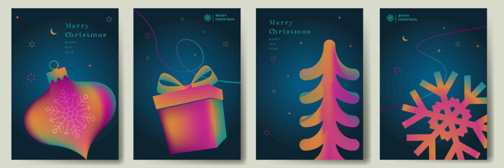 Merry Christmas greeting card design set on bright gradient colorful style, Xmas holiday design, Christmas festive design for social media post, winter holidays square template set vector illustration