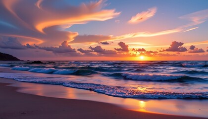 Obraz premium Serene Coastal Sunset Over Reflective Beach
