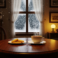 A warm and cozy winter scene with a steaming cup of tea and cookies on a wooden table by a window overlooking the falling snow