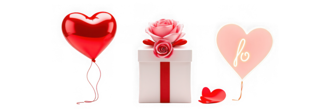 Romantic Valentines Day Gifts: Heart Balloons and Rose-Adorned Present. - Powered by Adobe