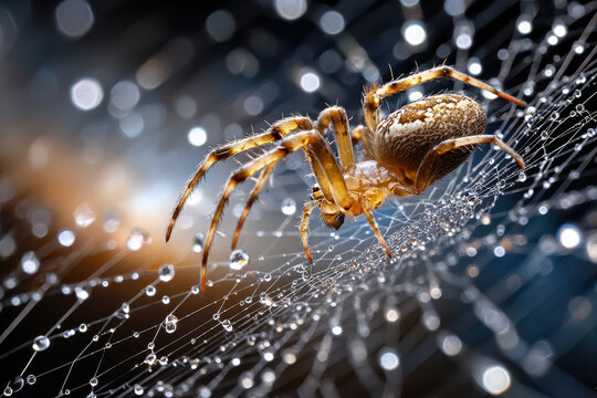 Detailed close-up of a spider resting on its web glistening with dew droplets
