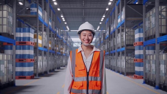 Front View of Asian Female Engineer Walking at Warehouse Aisle with Chemical or Oil Barrels on Pallet Racking