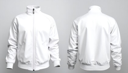 Clean white zipper jacket mockup, front and back views, ideal for product catalog presentation and apparel collection design