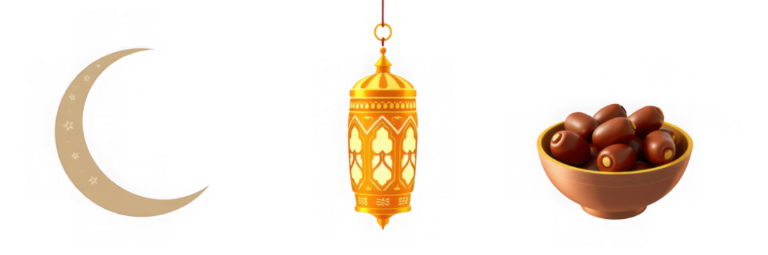 Ramadan crescent moon lantern and dates in a bowl.