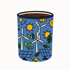 An eco-friendly coffee cup design beautifully illustrates renewable energy sources like wind turbines and solar panels, promoting environmental sustainability.