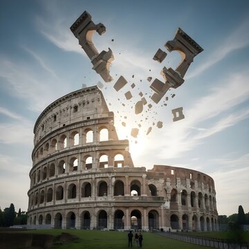 A traditional landmark with pieces drifting away like puzzle fragments - 2