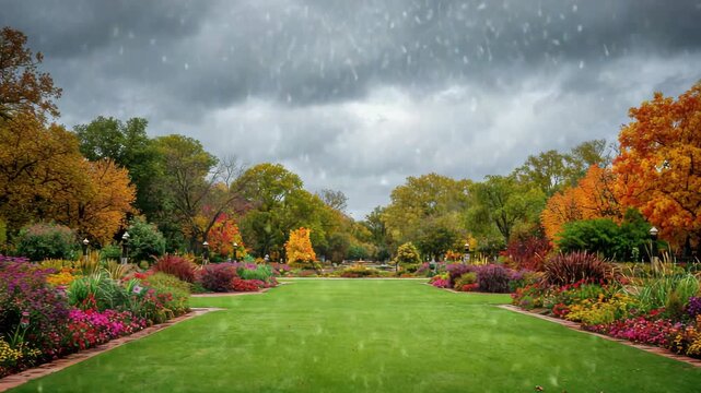 Vibrant Autumn Garden Pathway With Lush Green Lawn And Colorful Flower Beds Under A Dramatic Overcast Sky