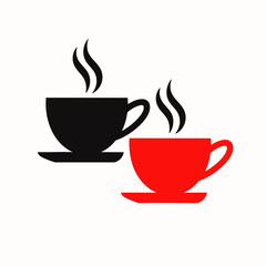 A graphic illustration featuring two steaming coffee cups, one black and one red, symbolizing warmth, comfort, and a shared beverage experience.