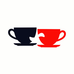 This modern graphic illustration presents two contrasting coffee cups, black and red, with their unique interlocking rims symbolizing unity and connection.
