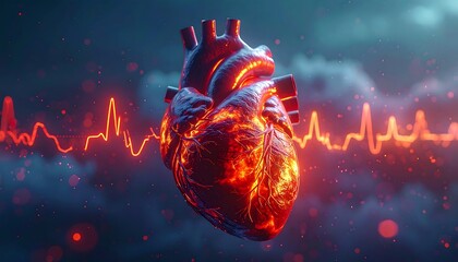 Fiery heart with a vibrant red heartbeat waveform on a cloudy, dark blue background with bokeh-like lights