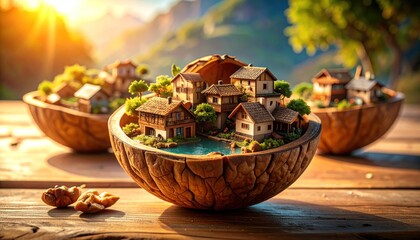 Miniature Village in Walnut Shells with Scenic Landscape, and Sunlight.