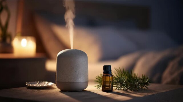 Aromatherapy diffuser creating soothing mist, with essential oil and pine for bedroom relaxation