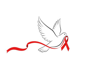 Obraz premium Vector illustration of dove carrying a red ribbon in its beak, symbolizing hope, world aids day, clipart style vector