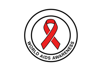 Vector illustration of circular badge reading &ldquo;World AIDS Awareness&rdquo; with a centered red ribbon, world aids day, clipart style vector