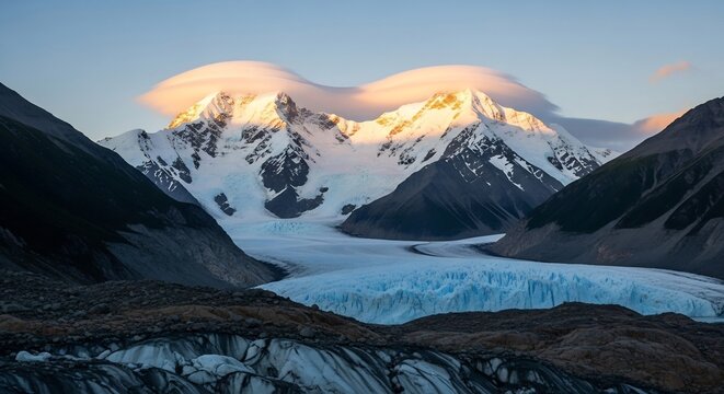 Majestic Glacier and Snow-Capped Mountains at Sunrise in Patagonia.