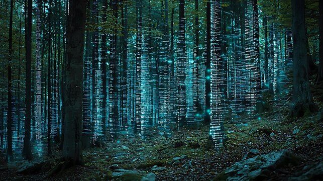Digital forest where trees glow with binary code and data patterns in a serene, futuristic landscape