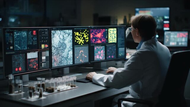 A scientist operating a sophisticated atomic absorption spectrometer in a dark lab
