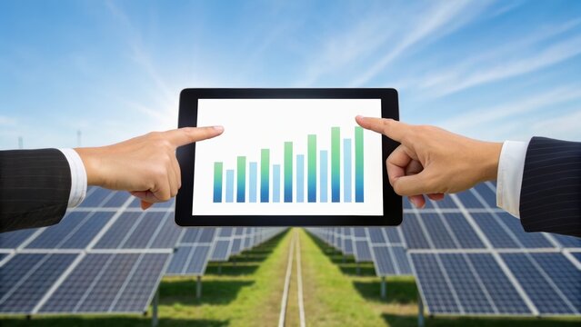 Hands in suits point at a tablet displaying growth charts, set against a backdrop of solar panels under a blue sky.
