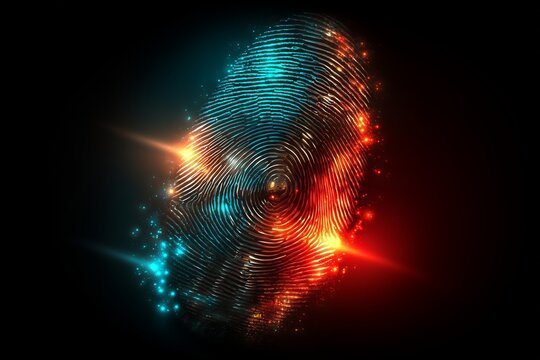 A glowing fingerprint pulses with blue and orange neon lines, symbolizing biometric technology and futuristic security. The image conveys innovation, energy, and striking digital artistry.