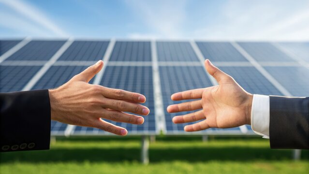 Hands reaching out in agreement with solar panels in the background, symbolizing collaboration in renewable energy.