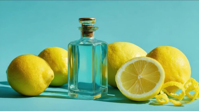 Citrus Freshness: Lemon Oil Bottle, Lemon Slices, and Zest on a Turquoise Background