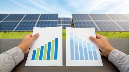 Hands holding charts in front of solar panels, illustrating data analysis and renewable energy growth.