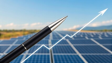 Close-up of a pen pointing towards a rising graph over a solar panel field, symbolizing growth in renewable energy.