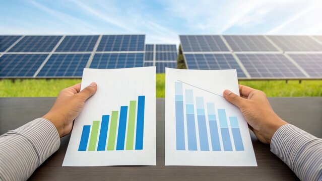 Hands holding charts in front of solar panels, illustrating data analysis and renewable energy growth. - Powered by Adobe