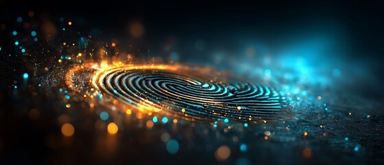 A glowing fingerprint transforms into rippling digital waves, symbolizing biometrics, innovation, and futuristic security, technology, dynamic energy.